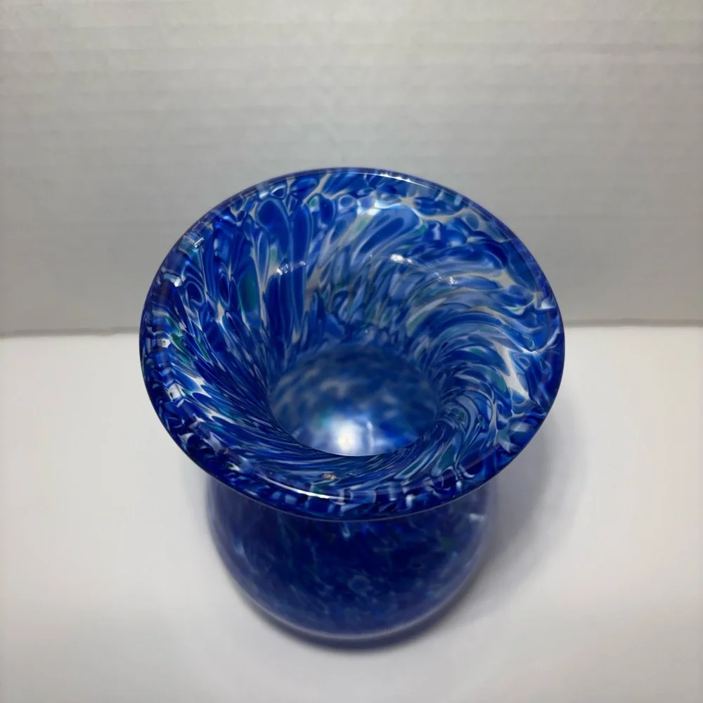 Cobalt Blue Vase White Swirl Art Glass Heavy Glass 5.5” Smooth Bottom Home Decor
